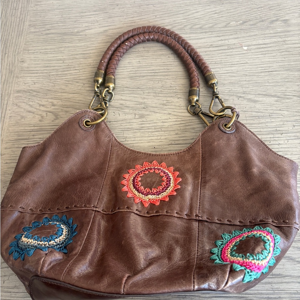 The SAK Brown Leather Indio Tote with Colorful Embroidered Accents